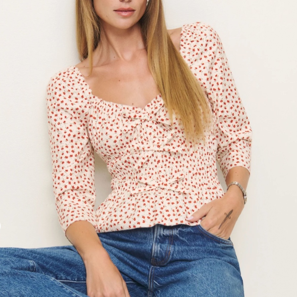 Reformation Lauryn Cotton Bow French Top Blouse - Fresa Red Floral